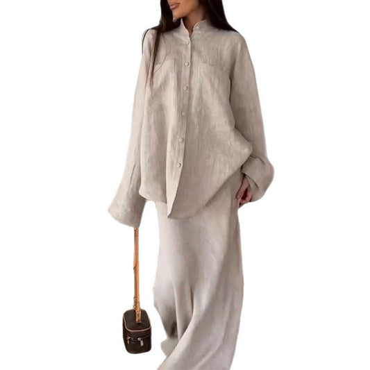Women's Two Piece Collared Shirt Midi Skirt Set - Vonnera