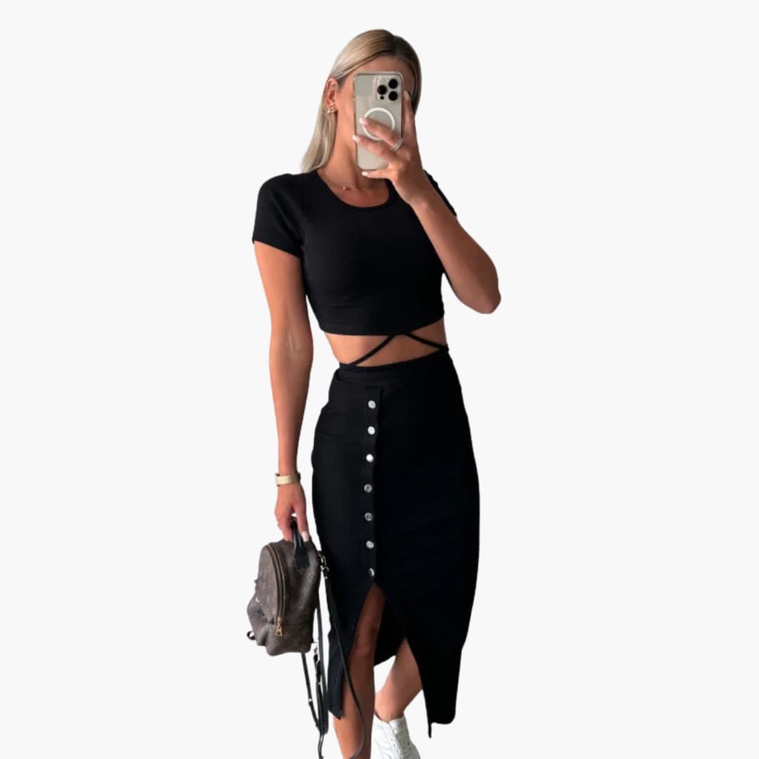 Women's Ribbed Crop Two Piece Set Button Skirt