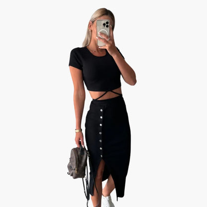 Women's Ribbed Crop Two Piece Set Button Skirt
