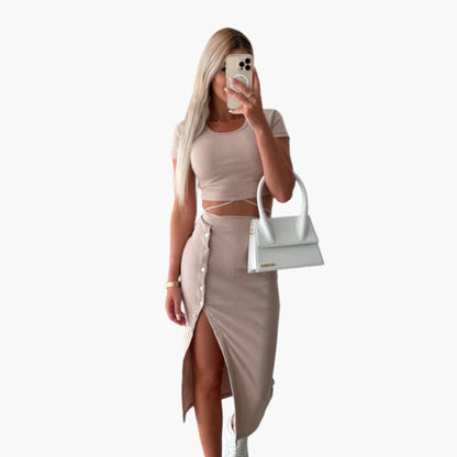 Women's Ribbed Crop Two Piece Set Button Skirt