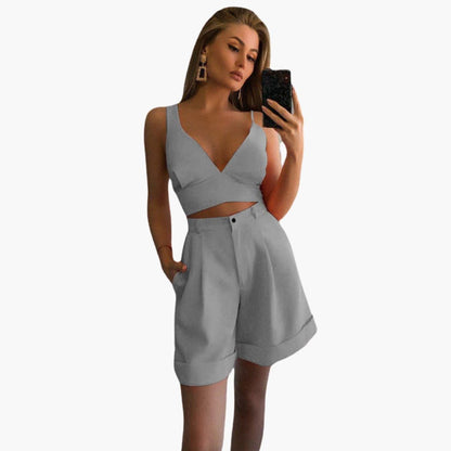 Women's V-Neck Crop Shorts Set