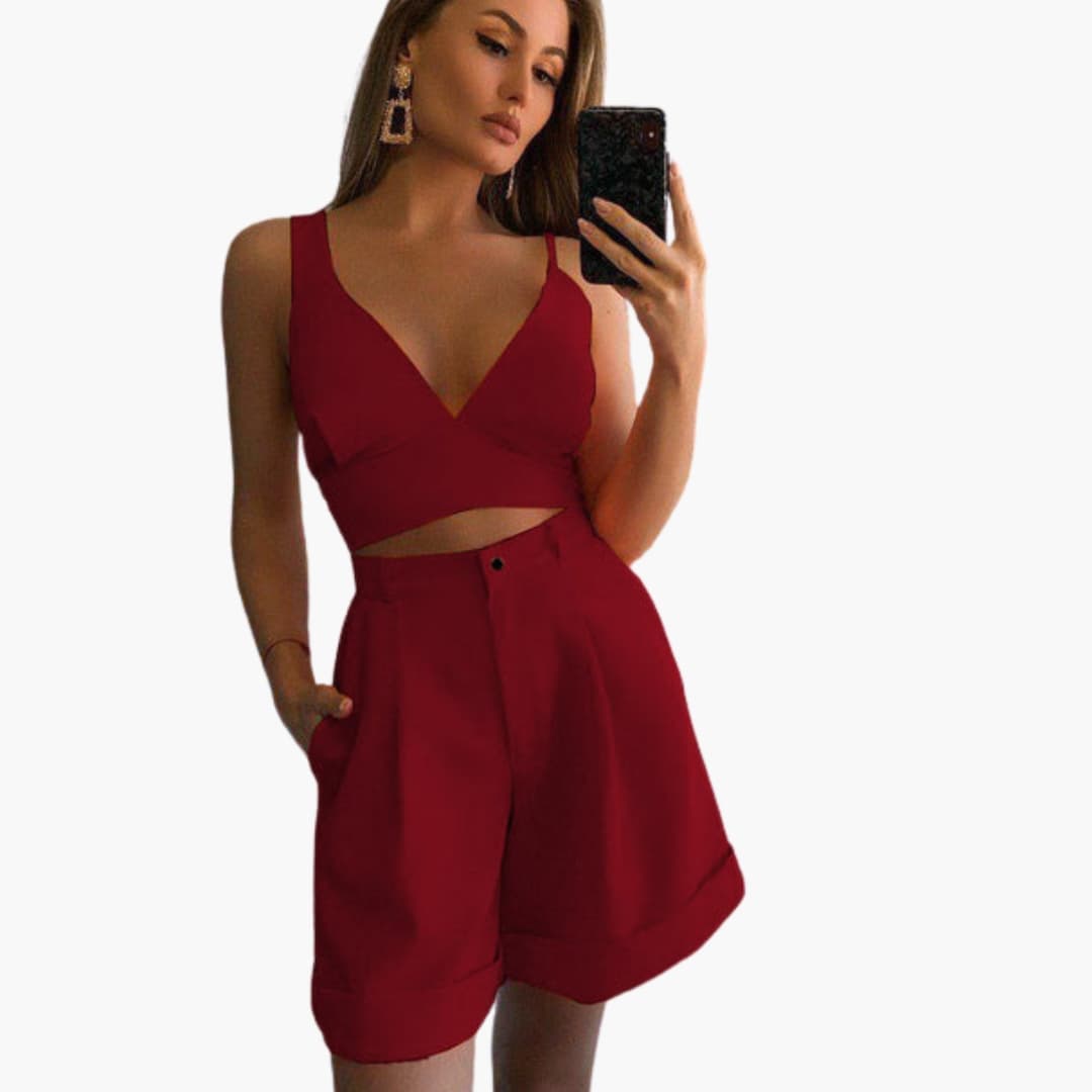 Women's V-Neck Crop Shorts Set