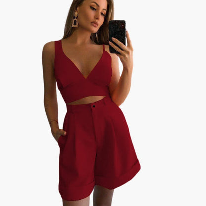 Women's V-Neck Crop Shorts Set