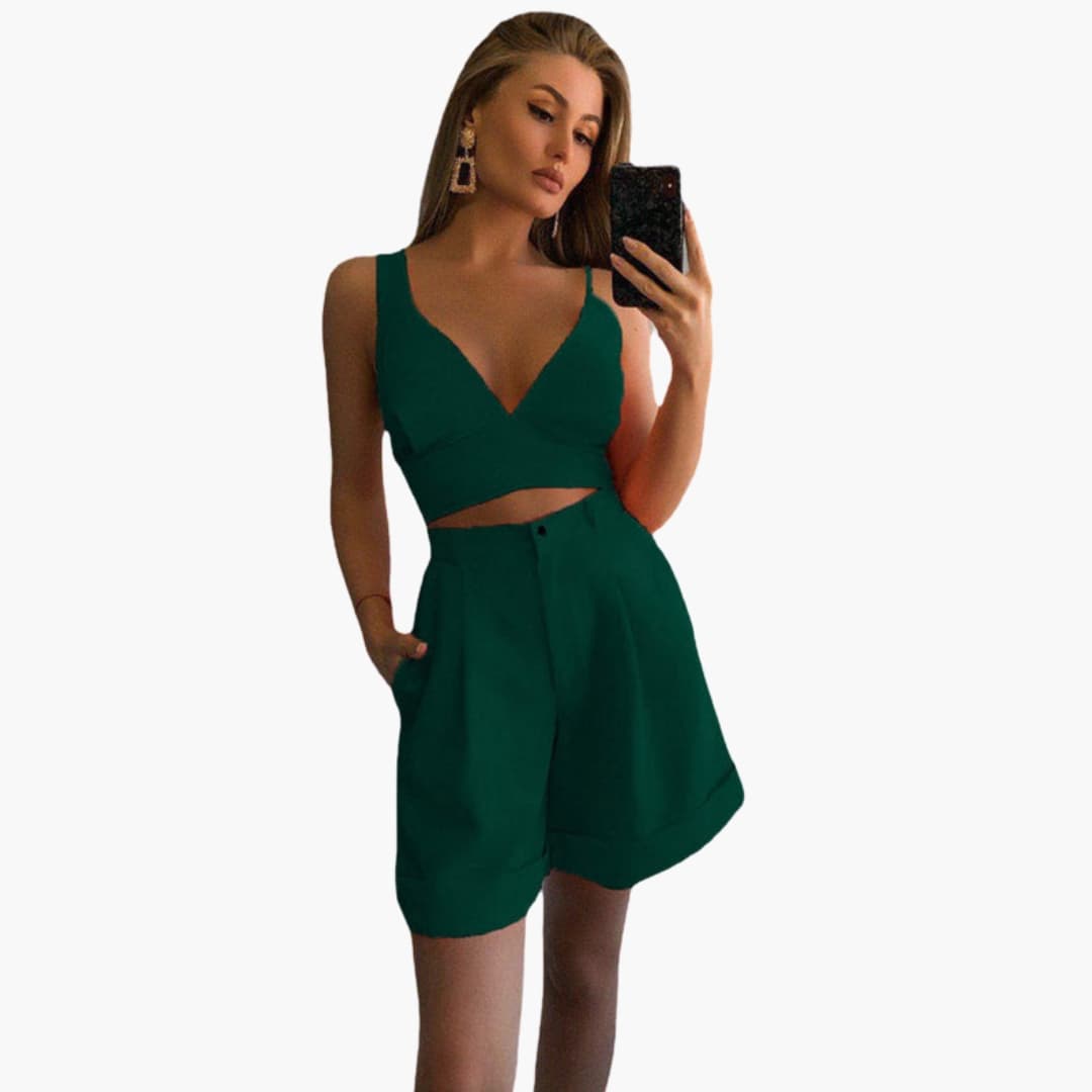 Women's V-Neck Crop Shorts Set