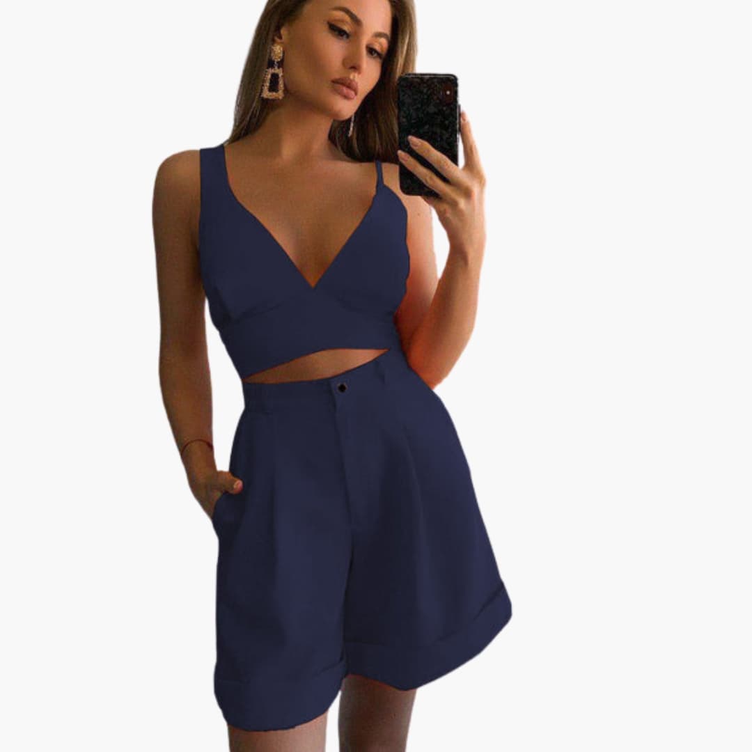 Women's V-Neck Crop Shorts Set