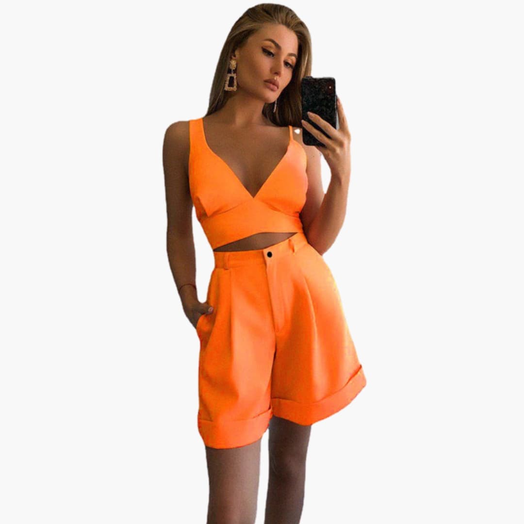 Women's V-Neck Crop Shorts Set