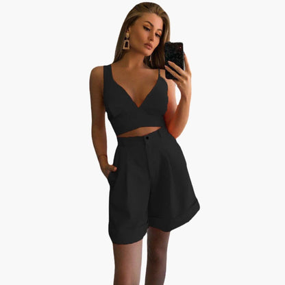 Women's V-Neck Crop Shorts Set