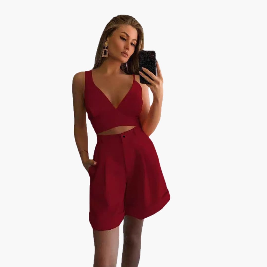 Women's V-Neck Crop Shorts Set