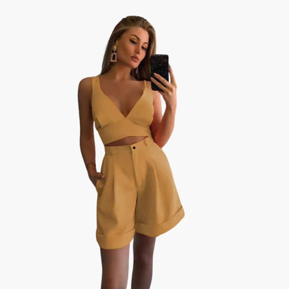 Women's V-Neck Crop Shorts Set - Vonnera