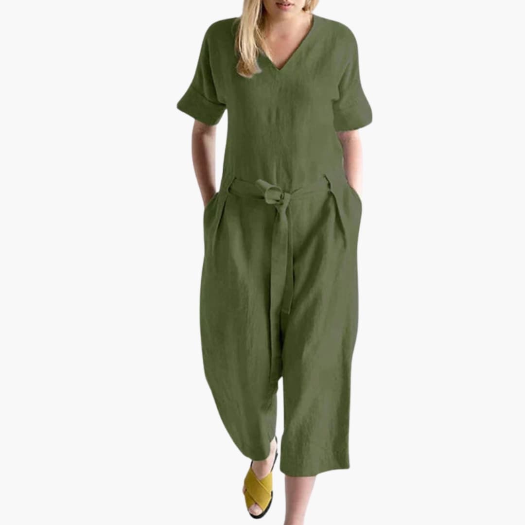 Women's Short Sleeve V-Neck Jumpsuit with Waist Tie