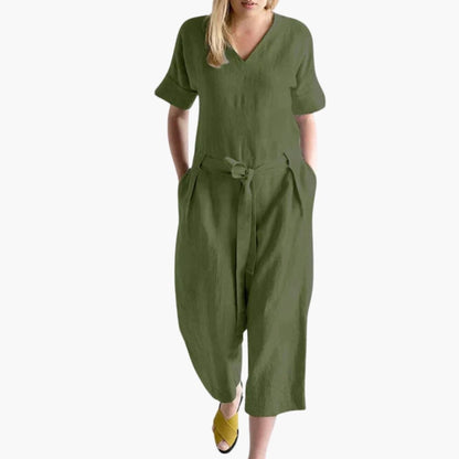 Women's Short Sleeve V-Neck Jumpsuit with Waist Tie
