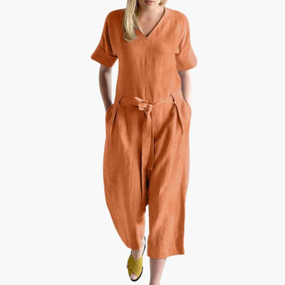 Women's Short Sleeve V-Neck Jumpsuit with Waist Tie - Vonnera
