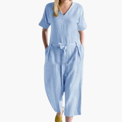 Women's Short Sleeve V-Neck Jumpsuit with Waist Tie