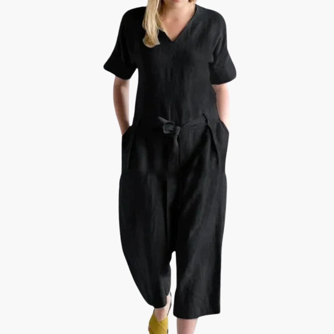 Women's Short Sleeve V-Neck Jumpsuit with Waist Tie