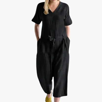 Women's Short Sleeve V-Neck Jumpsuit with Waist Tie
