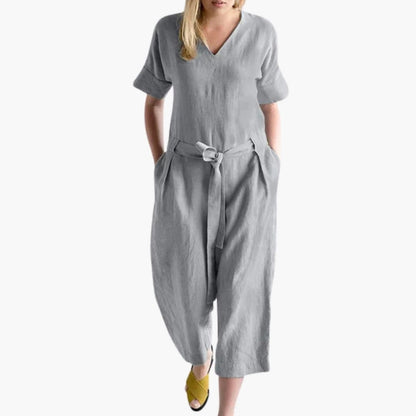 Women's Short Sleeve V-Neck Jumpsuit with Waist Tie
