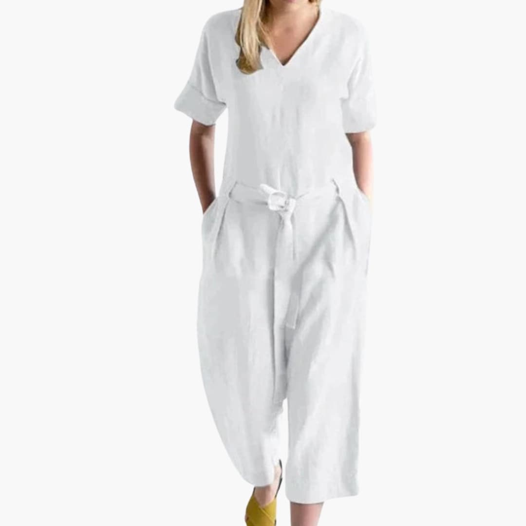 Women's Short Sleeve V-Neck Jumpsuit with Waist Tie