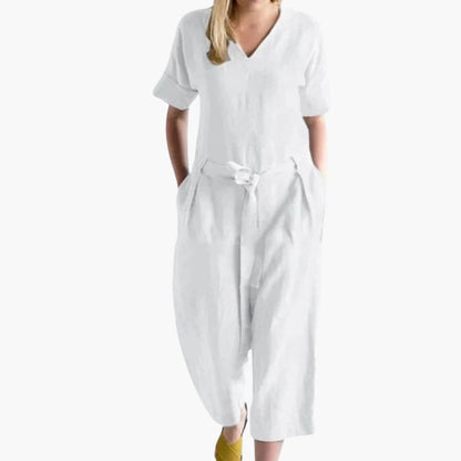 Women's Short Sleeve V-Neck Jumpsuit with Waist Tie