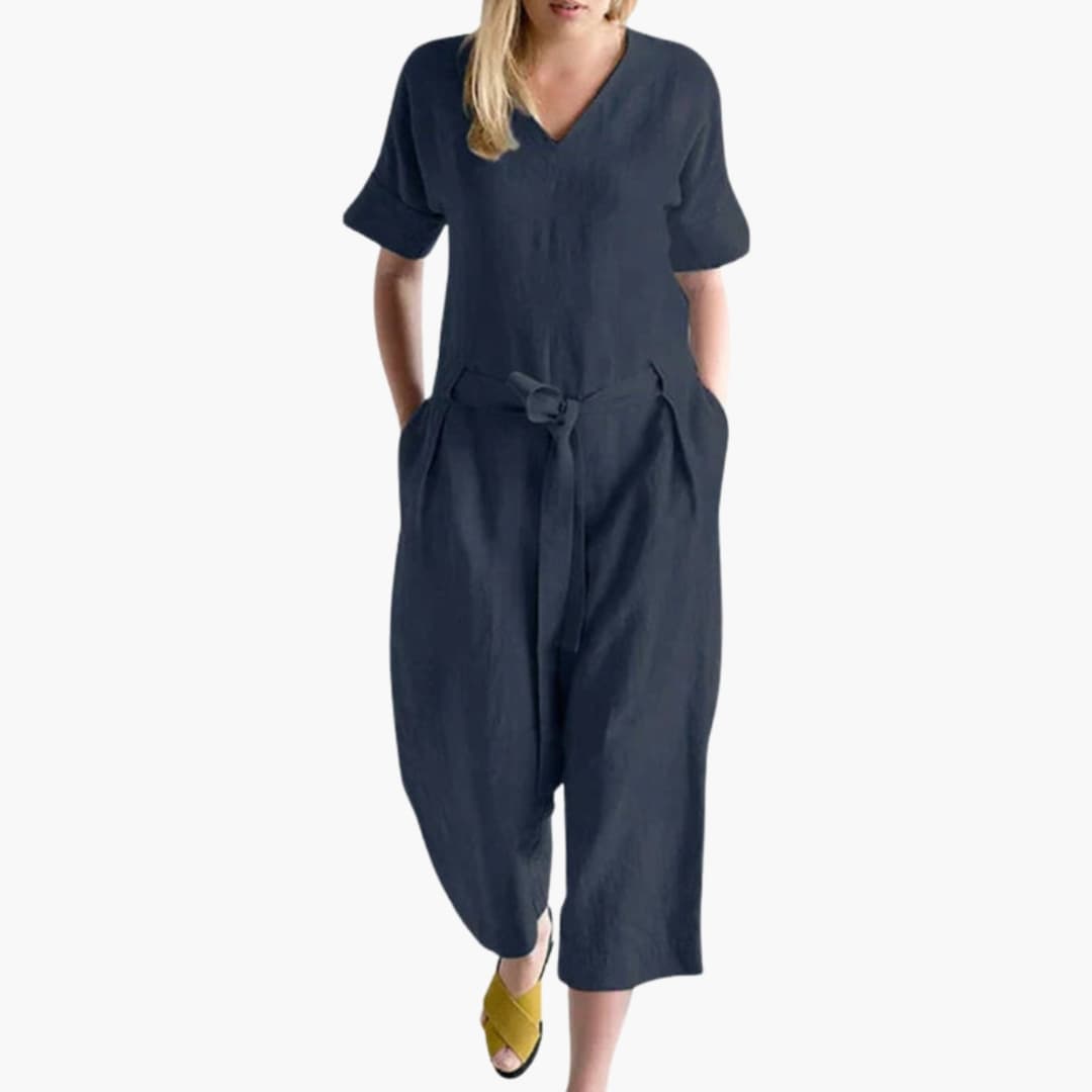 Women's Short Sleeve V-Neck Jumpsuit with Waist Tie