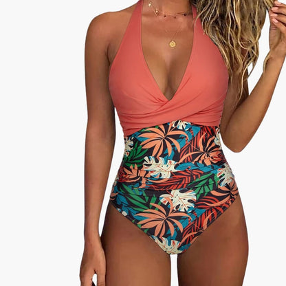 Women's V-Neck One-Piece Swimsuit Full Coverage Stretch
