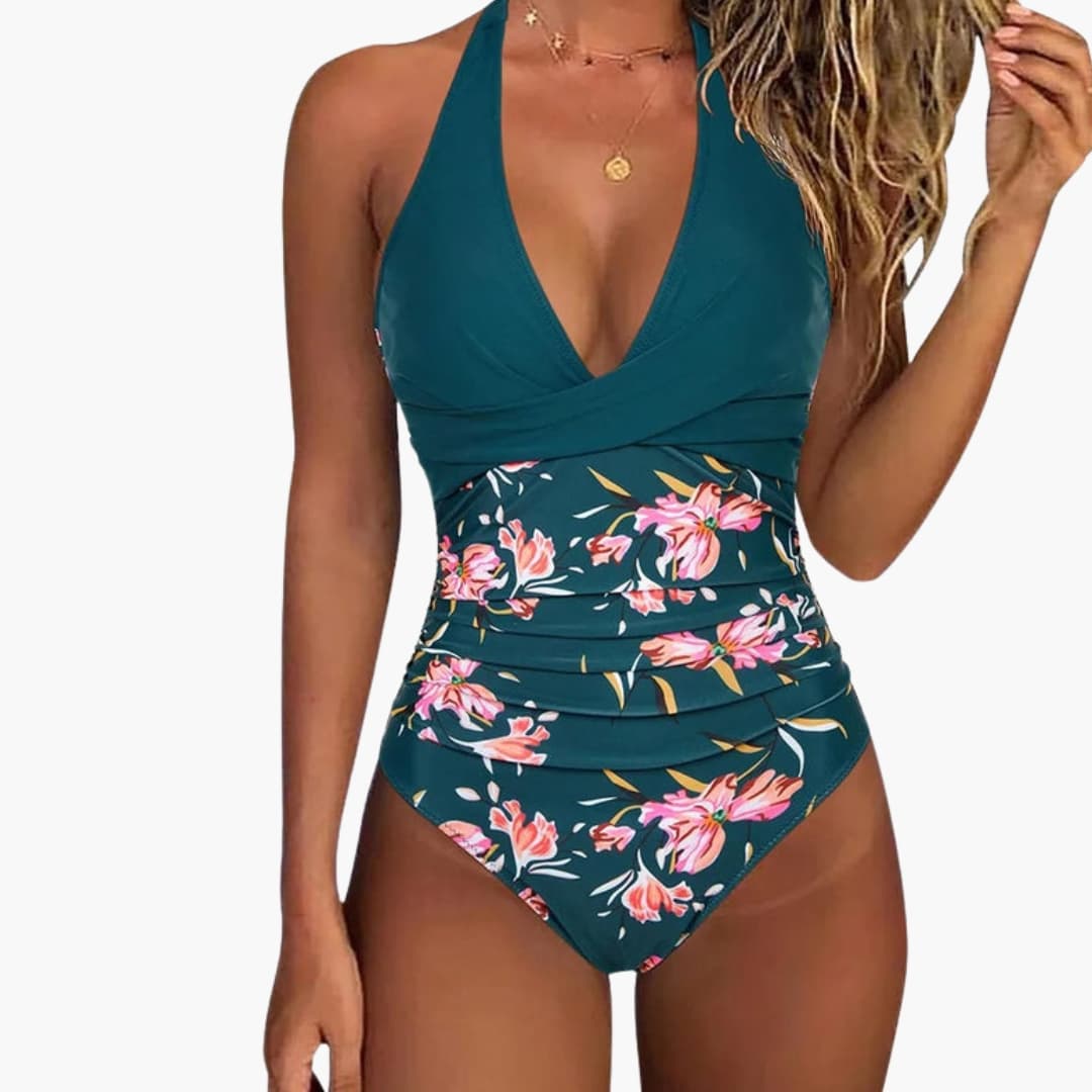 Women's V-Neck One-Piece Swimsuit Full Coverage Stretch