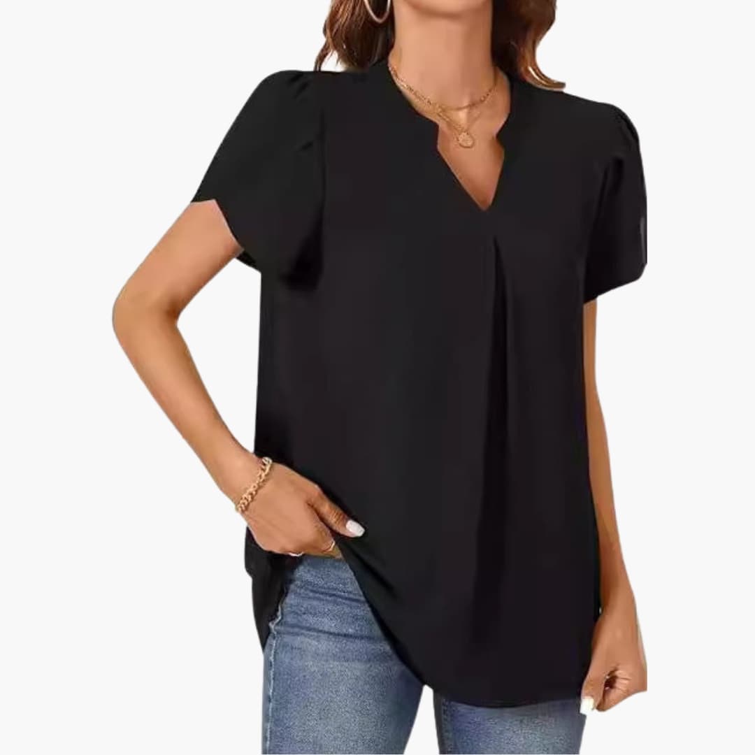 Women's Loose Fit Woven Blouse V-Neck Puff Sleeves