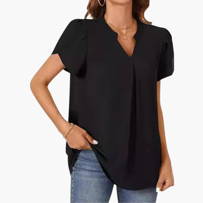 Women's Loose Fit Woven Blouse V-Neck Puff Sleeves