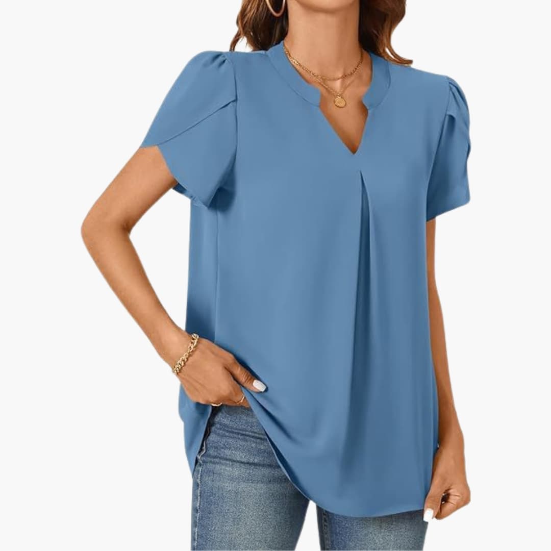 Women's Loose Fit Woven Blouse V-Neck Puff Sleeves - Vonnera