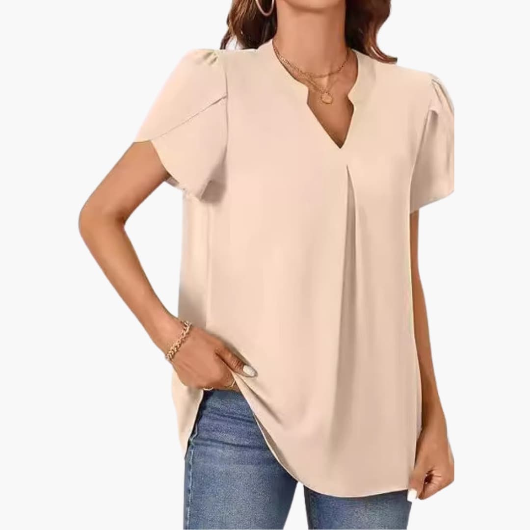 Women's Loose Fit Woven Blouse V-Neck Puff Sleeves