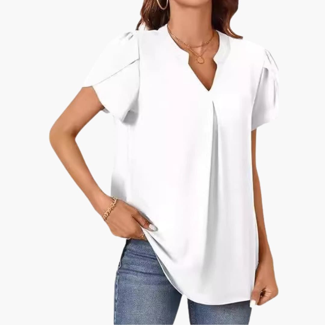 Women's Loose Fit Woven Blouse V-Neck Puff Sleeves