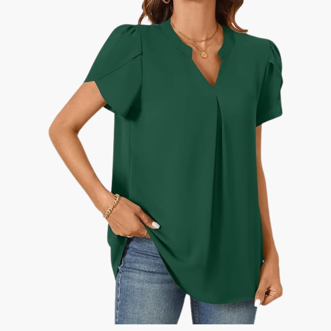 Women's Loose Fit Woven Blouse V-Neck Puff Sleeves