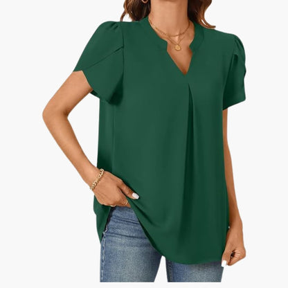 Women's Loose Fit Woven Blouse V-Neck Puff Sleeves