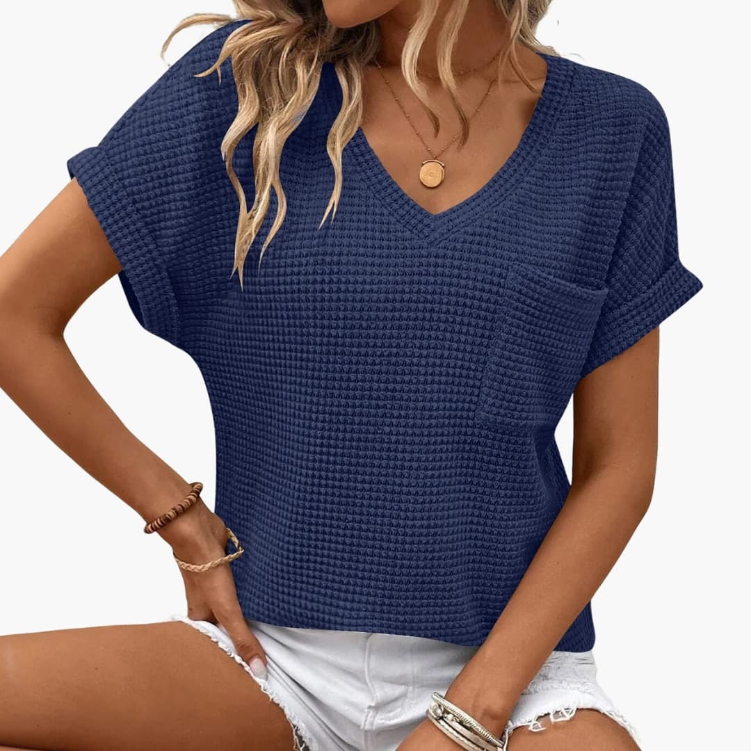 Women's Short Sleeve T-Shirt V-Neck Cotton Chest Pocket - Vonnera