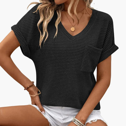 Women's Short Sleeve T-Shirt V-Neck Cotton Chest Pocket