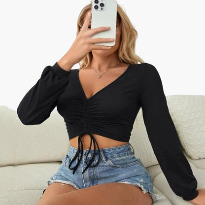 Women's Long Sleeve Crop V-Neck Ruched