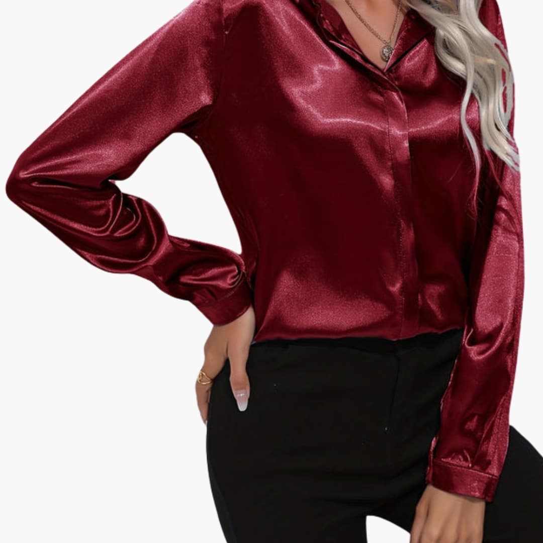 Women's Long Sleeve Satin Blouse V-Neck Dressy