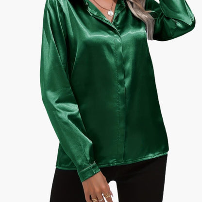 Women's Long Sleeve Satin Blouse V-Neck Dressy