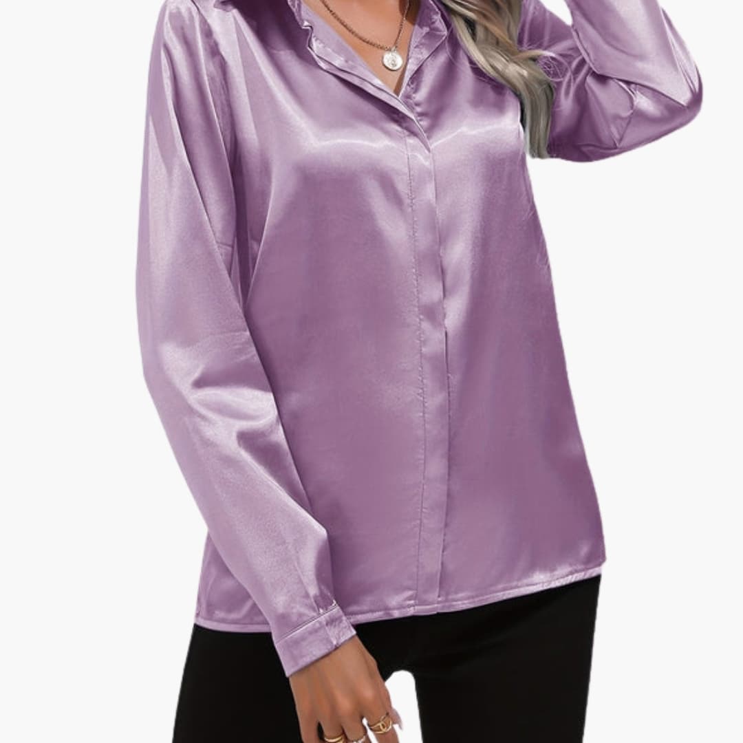 Women's Long Sleeve Satin Blouse V-Neck Dressy