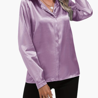 Women's Long Sleeve Satin Blouse V-Neck Dressy