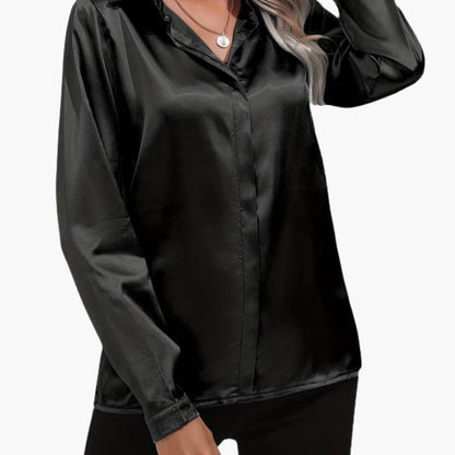 Women's Long Sleeve Satin Blouse V-Neck Dressy