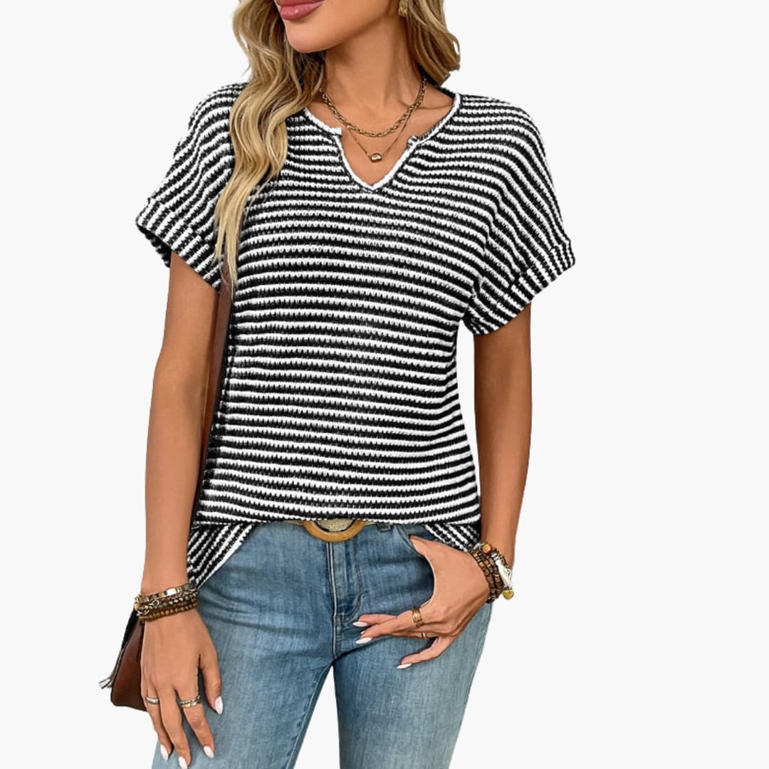 Women's Striped Short Sleeve T-Shirt Stretch V-Neck - Vonnera