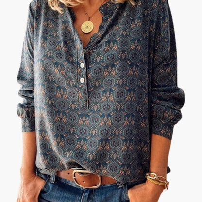 Women's Long Sleeve Button-Down Blouse Cotton Vintage Print - Vonnera