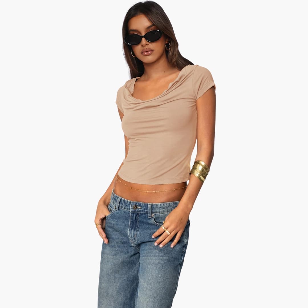 Women's Fitted Short Sleeve T-Shirt Waterfall Neck - Vonnera