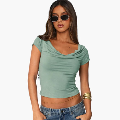 Women's Fitted Short Sleeve T-Shirt Waterfall Neck