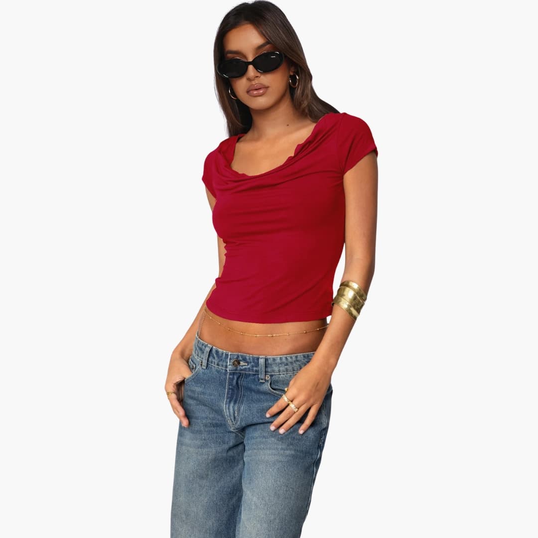 Women's Fitted Short Sleeve T-Shirt Waterfall Neck