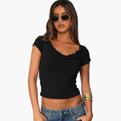 Women's Fitted Short Sleeve T-Shirt Waterfall Neck