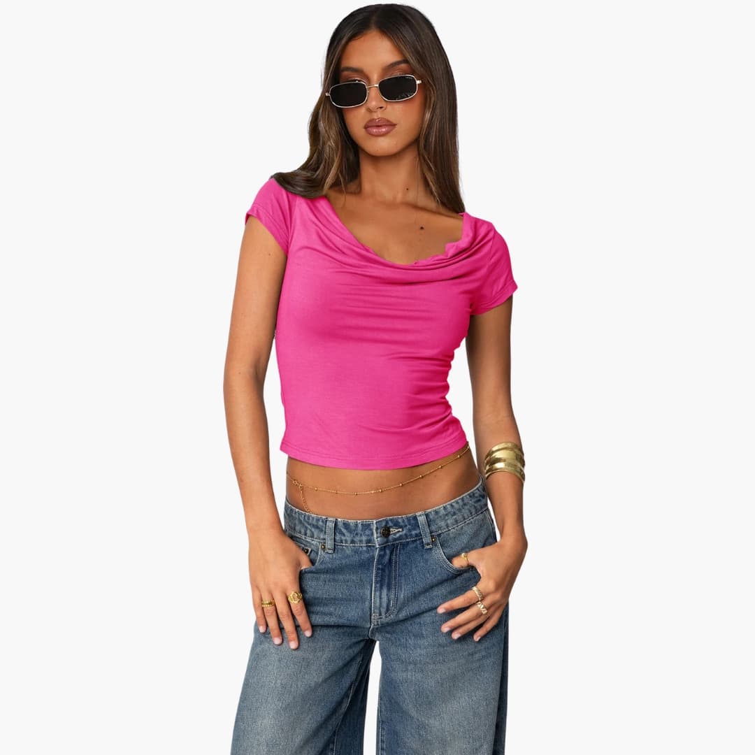 Women's Fitted Short Sleeve T-Shirt Waterfall Neck