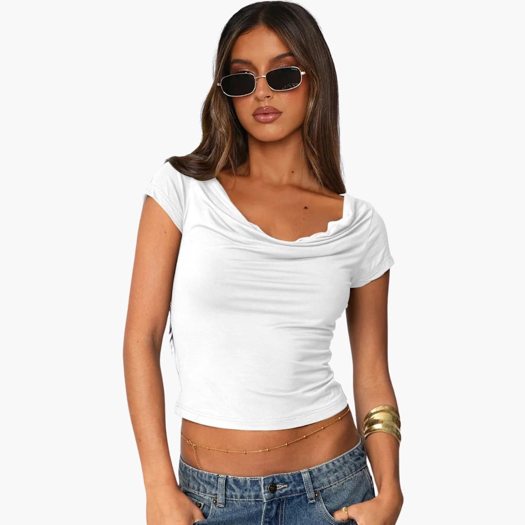 Women's Fitted Short Sleeve T-Shirt Waterfall Neck