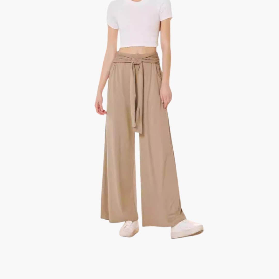 Women's Wide Leg Pants Cotton Tie Belt Side Pockets - Vonnera