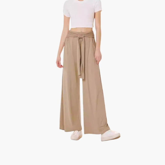 Women's Wide Leg Pants Cotton Tie Belt Side Pockets - Vonnera